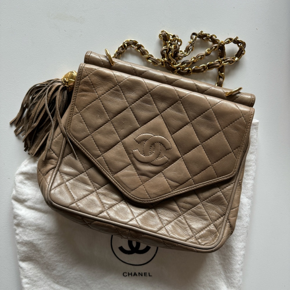 Vintage Chanel Quilted Crossbody Bag in Beige